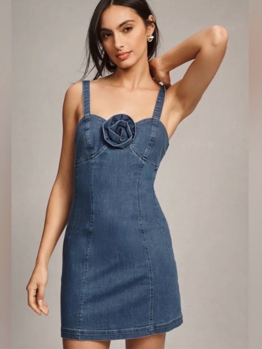 Anthropologie Blue Denim Rosette Mini Dress